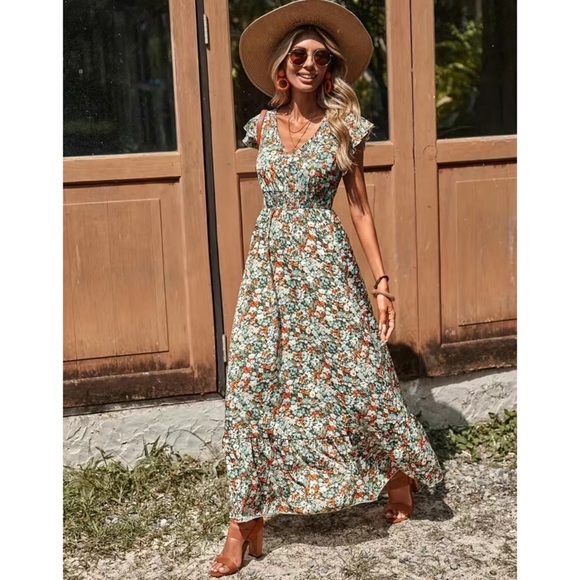 Ditsy Floral Ruffle Trim V Neck Smocked Waist Boho Maxi Dress M L XL Nwt - Picture 1 of 8